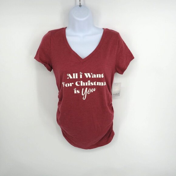 "All I Want For Christmas Is You" Wine V-Neck Maternity T-Shirt NWT $24 - Picture 1 of 4